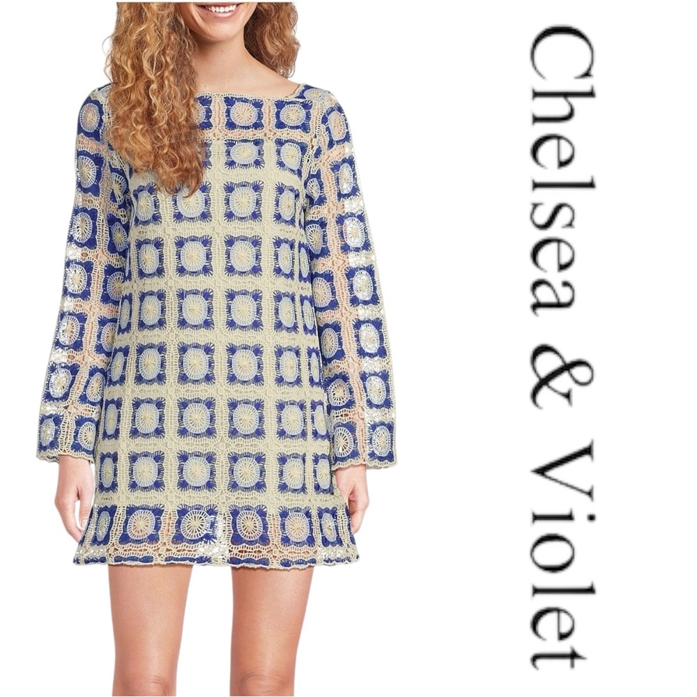 100% cotton blue cream crochet dress NWT Chelsea & Violet size L